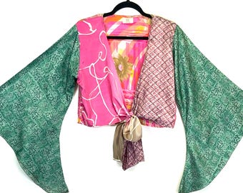 Boho Bell Sleeve Tie Top, Front Tie Top, Festival Top, Crop top, Hippie Boho Beach Top, Vintage Clothing, Free Style 3 way, Vintage Shirt