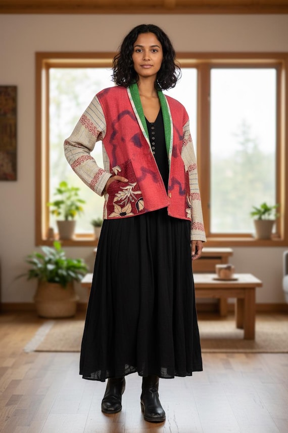 Kantha Crop Jacket, M/L Reversible Vintage Kantha Short Jacket 