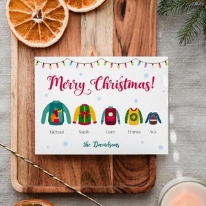 Carte de voeux de vacances en famille avec pull moche avec message, carte de Noël de famille personnalisée, carte de Noël de famille personnalisée