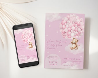 Editable Pink Balloons Teddy Bear Baby Shower Invitation, We Can Bearly Wait Girl Baby Shower Invite, Canva Digital Mobile Invite #pb38