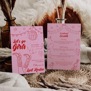 Last Rodeo Bachelorette Itinerary Template, Disco Cowgirl Bachelorette, Bachelorette Weekend Invite Template, Hand Written Hens Invite #cb45