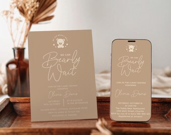 Bear Themed Baby Shower Printable & Digital Invitation Set, We Can Bearly Wait Invite for Phone, Modern Digital Mobile Phone Invite #fg45