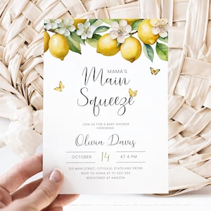 Mamas Main Squeeze Lemon-Babyparty-Einladung. Bearbeitbare Zitrone-Babyparty-Einladung. Babyparty-Einladung im Sommer #ls14