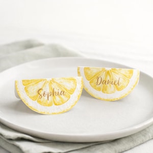Peut inclure: Deux marque-places en forme de tranches de citron, chacun avec un nom en écriture élégante : "Sophia" et "Daniel". Les cartes sont jaunes et blanches, placées sur une assiette blanche avec une serviette verte en dessous. Idéal pour un mariage ou un événement.