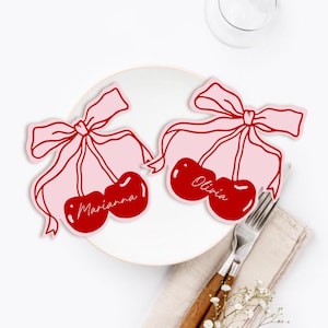 Plantilla de tarjeta de lugar con diseño de cerezas, tarjeta de lugar extravagante, tarjeta de mesa con diseño de cerezas, tarjeta de nombre elegante para despedida de soltera, tarjeta de lugar para despedida de soltera con diseño de cerezas, fiesta de Galentines