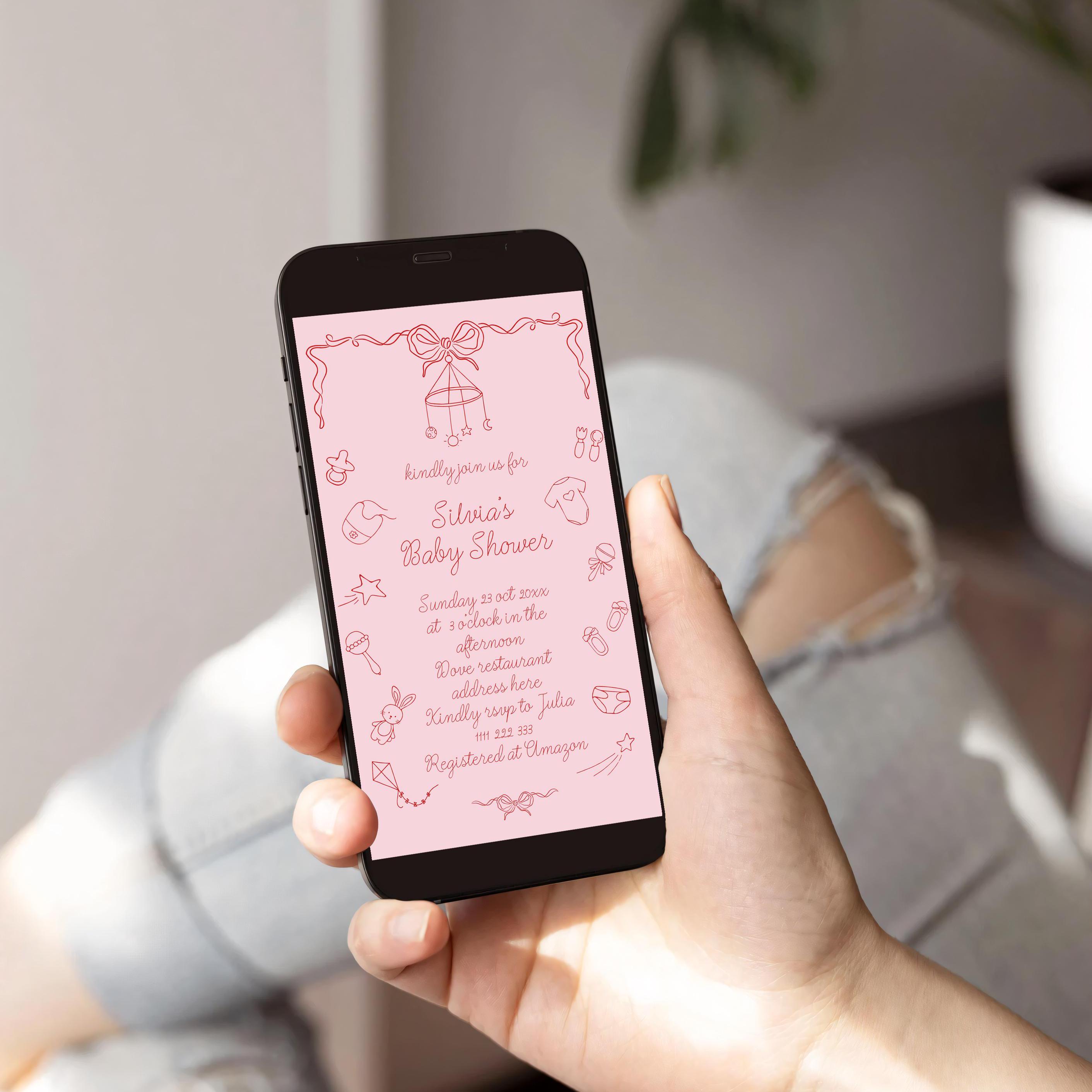Hand Drawn Baby Shower Digital Invitation Template, Handwritten Invite For Phone, Whimsical Baby Brunch, Mobile Phone Bow Baby Girl #hbs64