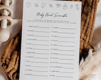 Word Scramble Game, Minimalist Baby Shower, Baby Party Activities #mg18