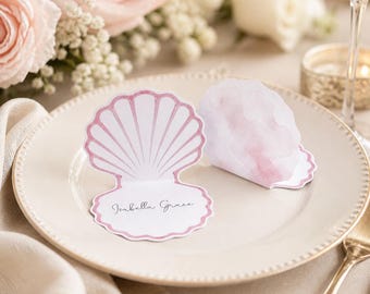Rosa Muschel Platzkarte, druckbare DIY Gastgeschenk, einzigartige 3D Name Kartenvorlage, digitaler Download