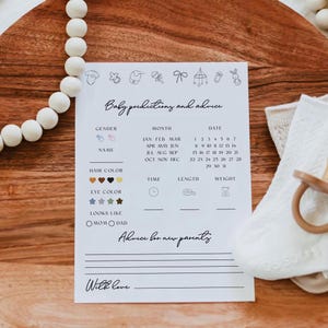 Carte de jeu de conseils de prédictions de bébé dessinée à la main, carte imprimable de conseils de baby shower minimaliste, neutre entre les sexes, jeu de fête moderne simple #mg18