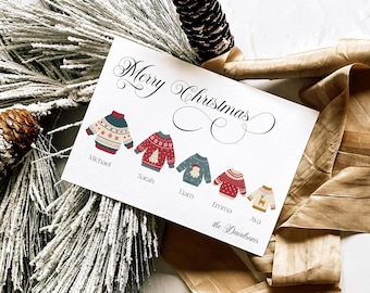Biglietto di auguri natalizio per famiglie con tema "maglione brutto", personalizzato per le feste (download digitale)