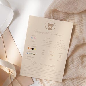 Carte de jeu de prédictions sur le thème de bébé, ours en peluche beige, conseils de prédictions pour baby shower imprimable, jeu de devinettes pour bébé, neutre entre les sexes #fg45