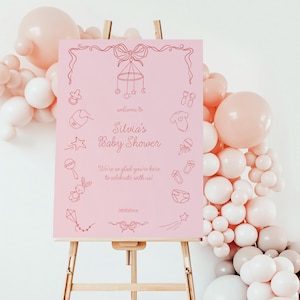 Hand Drawn Baby Shower Welcome Sign Template, Handwritten Welcome, Whimsical Baby Brunch, Funky Scribble Illustration, Bow Baby Girl #hbs64