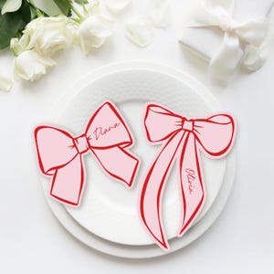 Plantilla de tarjeta de lugar con lazo, tarjeta de nombre para boda, tarjeta de mesa con lazo, tarjeta de lugar para despedida de soltera elegante, tarjeta de lugar para despedida de soltera con lazo, lazo dibujado a mano bbs36