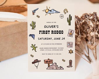 Hand Drawn First Rodeo Birthday Invitation, Wild West Cowboy (Digital Invite)