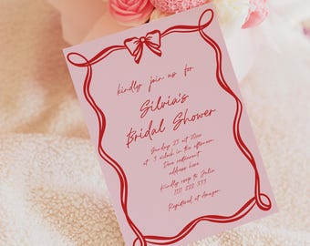 Faire-part de douche nuptiale, ruban rouge avec noeud rose, brunch de la mariée coquette, modèle numérique modifiable