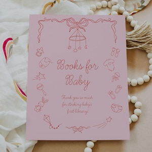 Hand Drawn Baby Shower Books For Baby SignTemplate, Handwritten Books For Baby Poster, Whimsical Baby Brunch, Bow Baby Girl #hbs64