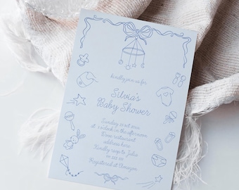 Hand Drawn Baby Shower Invitation Template, Handwritten Invite, Whimsical Baby Brunch, Funky Scribble Illustration,  Bow Baby Boy #bhb64