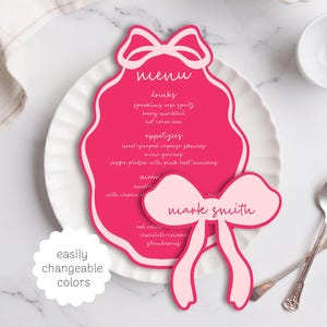 Modelo de menu de laço, cartão de nome de casamento, cartão de mesa de fita, cartão de lugar para chá de panela chique, cartão de lugar para galinhas de laço, menu de laço desenhado à mão