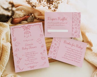 Handskrivna babyshowerinbjudningsset, rosa rosettfest (digital nedladdning) #hbs64