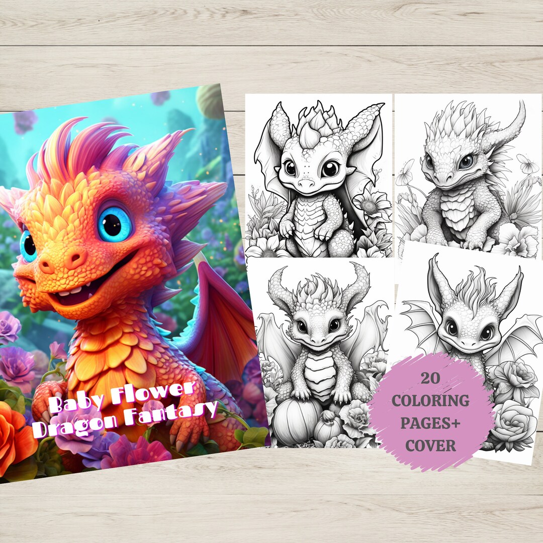 Flower Baby Dragon Fantasy Coloring Page Book Adults Kids Instant Download Bonus Grayscale ...