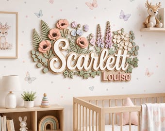 May include: A wall-mounted wooden sign featuring the name Scarlett in large white script letters, with the name Louise in smaller block letters below. The sign is decorated with layered floral elements in shades of pink, purple, and green.
