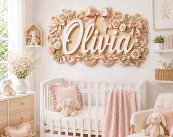 Custom Coquette Nursery Name Sign, Wooden Baby Girl Sign with Pink Bows & Floral, Baby Shower Gift, Pink Bow Floral Sign, Coquette Baby Girl