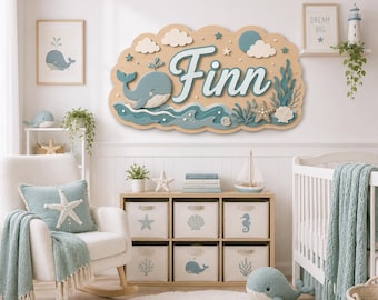 Placa personalizada com nome de baleia marinha para quarto de bebê, placa com nome de animais marinhos, placa com nome de baleia marinha, decoração náutica para quarto de bebê, presente para chá de bebê