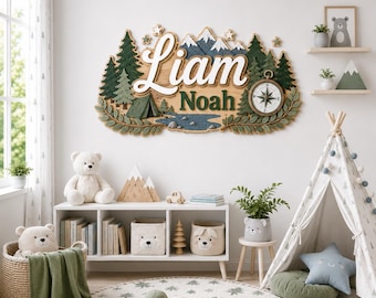 Personalized Mountain Nursery Name Sign, Woodland Adventure Wooden Sign, Camping Boy Room Decor Gift, Pine Trees, Tent Compass for Boy Room