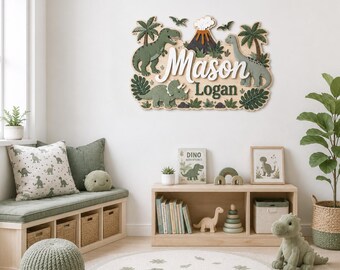 Personalized Dinosaur Nursery Name Sign, T Rex Volcano Dino Kids Room Wall Gift, Wooden Dino Kids Room Wall Sign, Dinosaur Nursery Decor