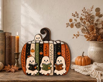 Blocco di legno personalizzato con fantasma, decorazione per scaffale in legno a forma di zucca di Halloween, regalo per amanti dei libri, simpatica decorazione autunnale per tavolo a forma di fantasma, lettura con fantasma e zucca