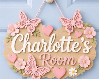 Personalized Butterfly Nursery Sign, Custom Girls Room Door Hanger, Floral Name Sign, Pink Baby Girl Room Decor, Butterfly Floral 2 Layer