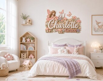 Personalized Fairy Nursery Name Sign, Floral Butterfly Wall Decor, Fairy Bedroom Decor Gift, Fairy Nursery Decor, Wooden Baby Girl Name Sign