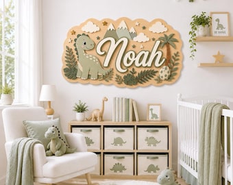 Personalized Baby Boy Dinosaur Name Sign, Custom Wooden Dino Nursery Mountains & Palm Trees, Baby Shower Gift, Jungle Nursery Newborn Gift