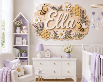 Custom Wooden Honey Bee Sign for Nursery, Daisy Lavender Baby Room Decor, Bee Wall Art, Baby Girl Gift, Bee Nursery Name Sign, Bee Floral