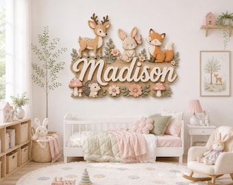 Personalized Woodland Nursery Name Sign, Deer Fox Bunny Nursery Decor, Baby Shower Decor Gift, Woodland Nursery Decor with Deer Fox Bunny
