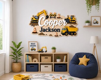 Personalized Construction Nursery Name Sign, Excavator Dump Truck Kids Room Wall Decor, Wooden Dump Truck Boys Room Boy, Baby Shower Gift