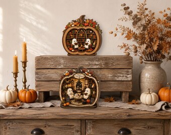 Halloween Ghost Tea Room Wooden Block, Pumpkin Bookshelf Decor, Cute Ghost Shelf Sitter, Cozy Fall Book Lover Halloween Gift, Ghost Pumpkin