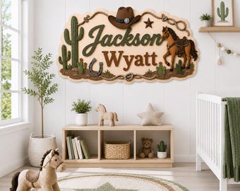 Placa personalizada com nome para quarto de bebê no estilo faroeste, decoração de parede em madeira com tema de cowboy, placa para quarto de menino com cavalo e cacto, presente para chá de bebê, decoração de quarto de bebê com tema de faroeste.