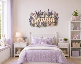 Custom Lavender Nursery Name Sign, Floral Butterfly Wall Decor, Daisy Nursery Gift, Lavender Floral Nursery Decor, Wooden Butterfly Daisy
