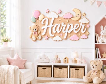 Personalized Teddy Bear Nursery Name Sign, Moon & Clouds Baby Room Decor, Baby Shower Gift, Teddy Bear and Balloons Name Sign, Bear Nursery