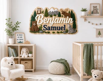 Personalized Woodland Nursery Name Sign, Bear Moose Wolf Forest Wall Decor Gift, Wooden Forest Animal Sign, Bear Moose Wolf Nursery Decor