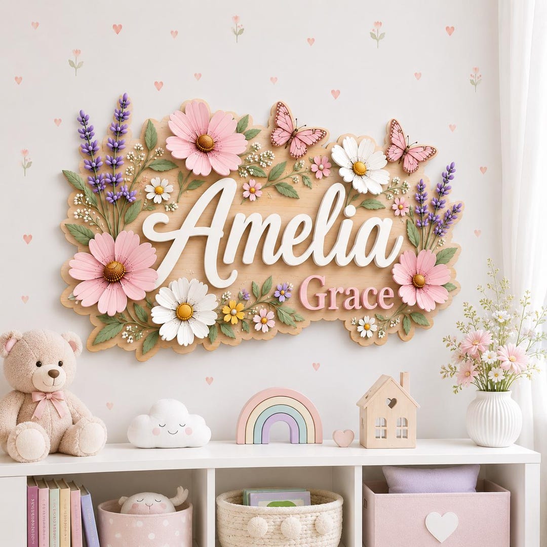 Personalized Wildflower Name Sign, Floral Nursery Sign Decor, 3D Wood ...