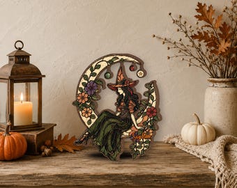 Personalized Witch And Moon Wooden Block Decor, Moon Witch Shelf Sitter, Halloween Witch Sign, Floral Crescent Moon Witch Sign, Witch Gift