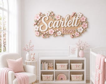 Personalized Wooden Sign with Flowers & Butterflies, Custom Nursery Decor for Girls, Baby Peach Blossom Sign, Cherry Flower Wall Art