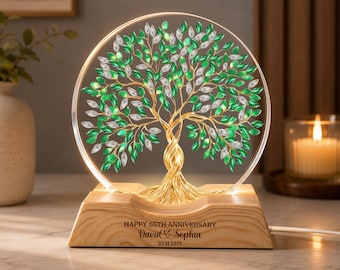 Lámpara de noche personalizada para el 55.º aniversario, regalo de boda esmeralda para la pareja, lámpara de noche del Árbol de la Vida, regalo de boda esmeralda para marido y mujer.