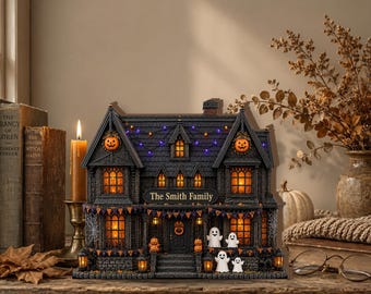 Personalized Haunted House Wooden Block, Halloween Family Wooden Sign, Spooky House Family Shelf Decor, Ghost Pumpkin Halloween Block Gift