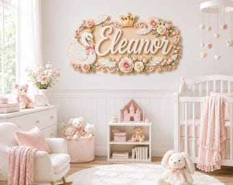 Placa personalizada para quarto de bebê com tema Princesa Cisne, decoração de parede com nome e coroa de flores, presente para chá de bebê, decoração para quarto de bebê com tema Princesa Cisne, princesa floral