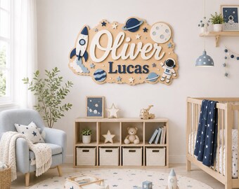 Custom Space Baby Name Sign, Rocket Astronaut Nursery Decor, Wooden Planet Kids Room Wall Sign, Outer Space Nursery Decor, Planet Baby Boy