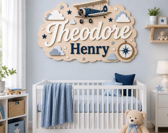 Personalized Airplane Nursery Name Sign, Airplane Wooden Sign, Little Aviator Boy Room Decor, Clouds & Compass for Boy Room, Pilot Wooden