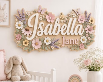 Personalized Wildflower Name Sign, Floral Baby Girl Wall Art, Rustic Wood Name Plaque, Boho Floral Wooden Sign, Nursery Decor for Girls Room